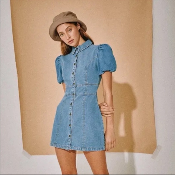 Brand New The Fifth Label Denim Jean Dress Puff Sleeve Button Front Blue Mini - Picture 2 of 16